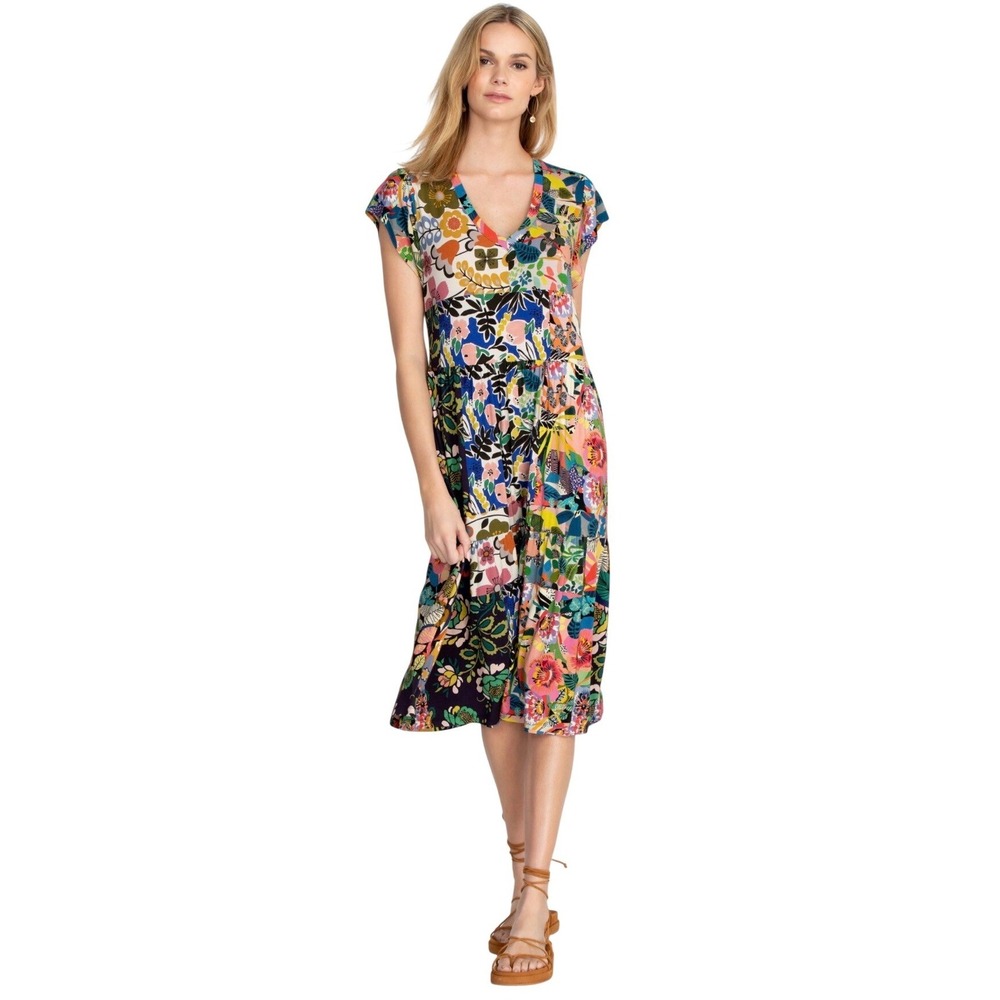 Johnny Was Chelsea Garden Tiered Tea Length Dress XS Floral Bamboo Whimsical